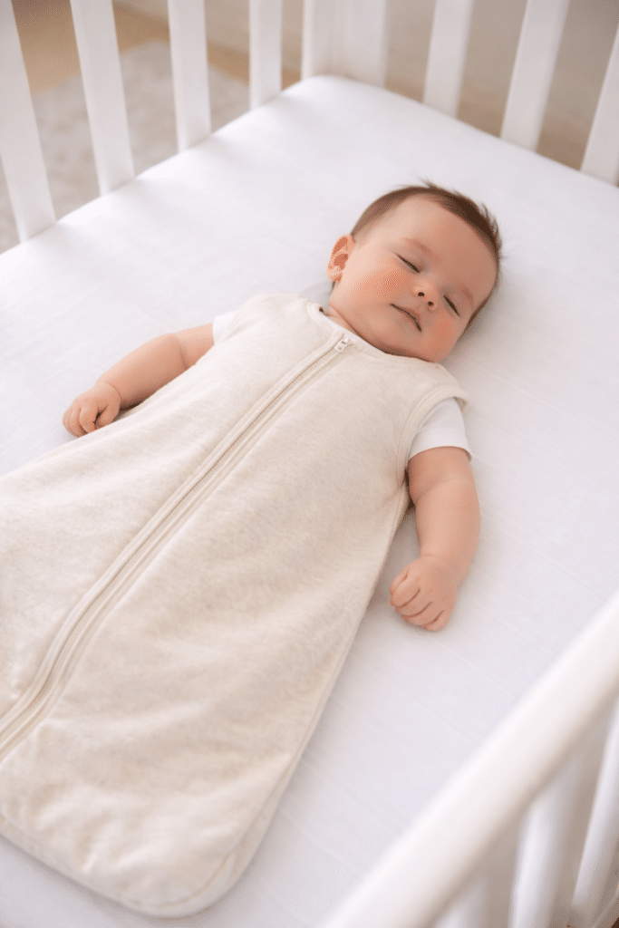baby in sleep sack sleeping in crib